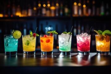 beautiful line of colorful alcoholic cocktails in a nightclub bar