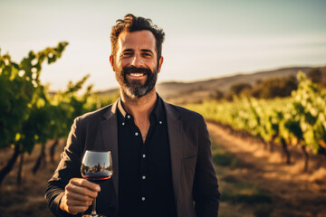 Portrait of a winemaker holding glass of wine in front of vineyard
