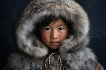 Portrait of a Inuit child in a fur coat - obrazy, fototapety, plakaty