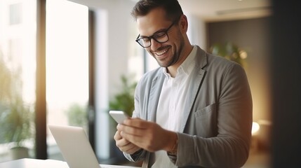 Obraz premium Smiling businessman using mobile phone