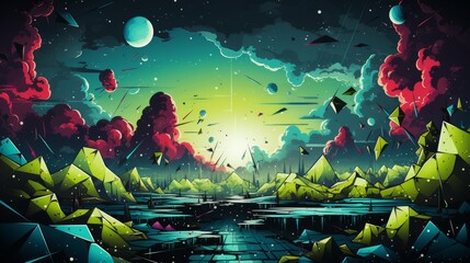 An abstract geometric background in bright neon green and electric blue colors. Generative AI. 