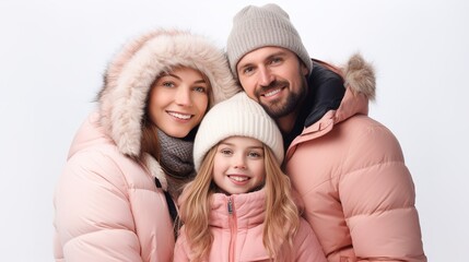 Fototapeta premium pretty caucasian family in winter clothes hugging together and smiling at camera isolated over white background. generative ai