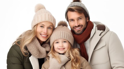 A lovely Caucasian family is shown hugging and grinning at the camera over a white background. generative ai