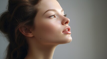 Fototapeta premium A Portrait of Radiance: Captivating close-up of a beautiful young woman with a soft, natural glow, exuding confidence and grace. Her delicate features are highlighted by soft, warm lighting.