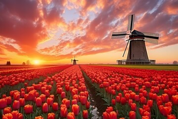 Tulip fields with windmills at sunset
