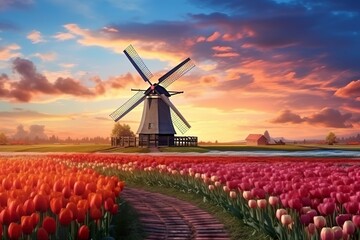 Tulip fields with windmills at sunset