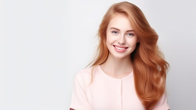 Smiling woman with blonde hair and captivating expression in a studio portrait