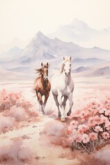 a watercolored minimalist vintage wild horses running through a blooming valley painted with pastel colors and a white background