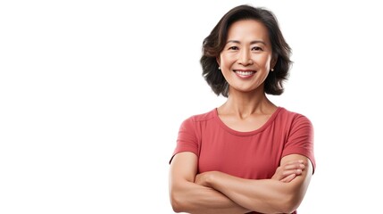 happy older asian woman on a white studio background