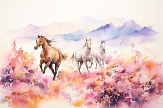 a watercolored minimalist vintage wild horses running through a blooming valley painted with pastel colors and a white background