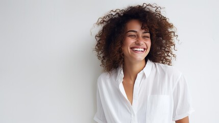 portrait of a happy woman on white background