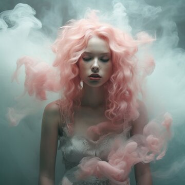Pink Haired Goddess, Mermaid Girl, Curly Sleepy Beauty, Portrait Photograph of beautiful young woman, haze and smoke, vintage mood, retro look, fashion photography, clouds, soft colors, pink and white