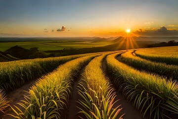 A serene landscape bathed in soft hues as the morning sun emerges over an endless expanse of gently swaying wheat fields, casting a golden glow that kisses the horizon.