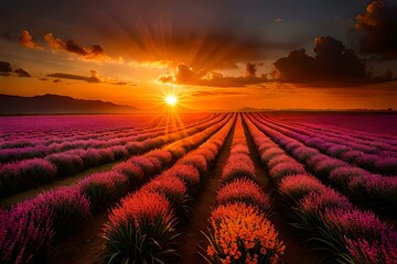 Capture the serene beauty of the sun dipping below the horizon, casting a warm glow over a vast field dotted with swaying grass and rustic elements. - obrazy, fototapety, plakaty