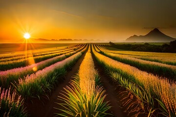 A serene landscape bathed in warm hues as the sun sets behind a vast field, casting long shadows and illuminating the swaying grass with a soft, golden glow.