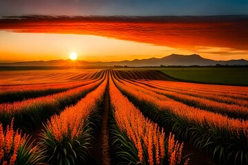 "Capture the serene beauty of the sun dipping below the horizon, casting a warm, golden glow over a vast field, as the landscape is bathed in the soft hues of a fading day."