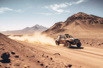 Fototapeta na wymiar Off road vehicle in desert in Rallye Dakar