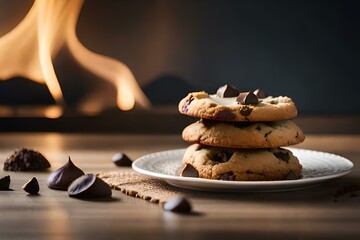 Showcase the intricate texture and warm hues of freshly baked chocolate chip cookies cooling on a rustic wooden surface, surrounded by scattered ingredients like rich 