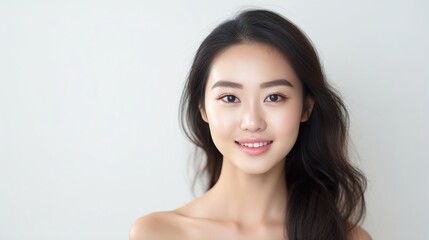 portrait of a young asian woman on white studio background, skincare and make up