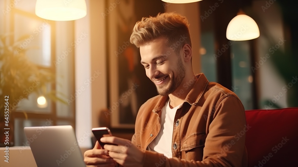 Poster Smiling person using a laptop computer and smartphone
