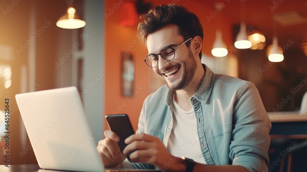 Poster Smiling person using a laptop computer and smartphone