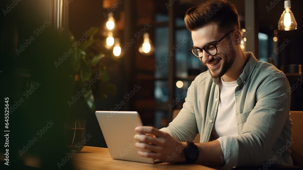 Poster smiling man using a tablet computer and smartphone