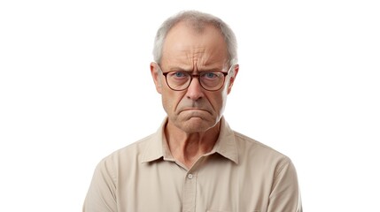 Obraz premium Elderly man with a headache, wearing glasses and a shirt, looking pained yet smiling