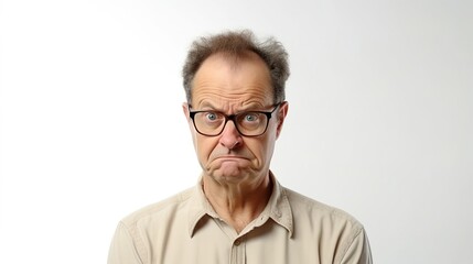 Elderly man with a headache, wearing glasses and a shirt, looking pained yet smiling