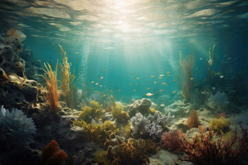 Submerged underwater scene with aquatic textures and colors