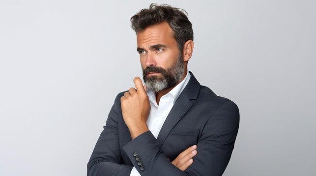 A serious middle-aged man poses in front of a white background with copy space, with his arms folded and a deadpan look. generative ai