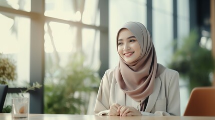 Confident Asian muslim female team leader holding corporate meeting, serious businesswoman wearing hijab holding document, discussing project statistics with colleagues. generative ai