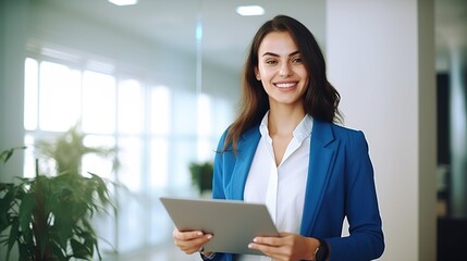businesswoman holds a tablet computer. - obrazy, fototapety, plakaty