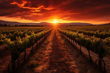 Vineyard with rows of trees at sunset