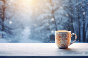 Warm mug near a frosty window, with falling snow outside