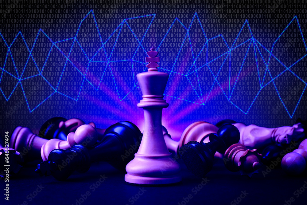 Poster chess piece among fallen ones on table against background with lines and binary code
