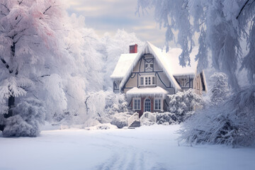 Snow-covered trees and a charming cottage in the midst of a snowfall