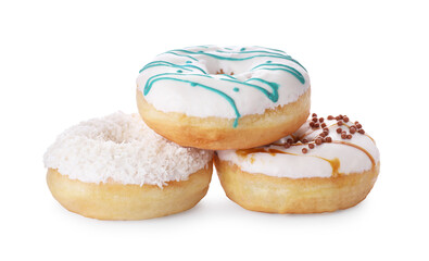 Different tasty glazed donuts on white background