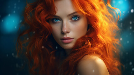 Naklejka premium beautiful portrait of a red haired woman under neon lights
