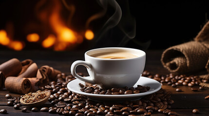 Hot coffee in a white coffee cup and many coffee beans placed around on a wooden table in a warm, light atmosphere, on dark background. Generative AI