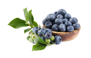 Fresh blueberries and leaves isolated on white