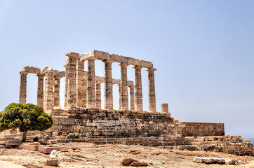 Sounion, Greece - July 25, 2023: The ruins of the Temple of Poseidon at Sounion
