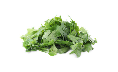 Heap of chopped parsley leaves isolated on white