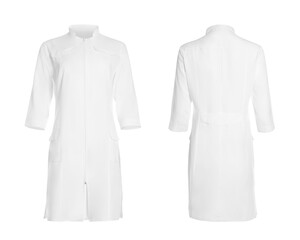 Medical uniform isolated on white, collage with back and front views