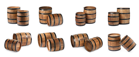 Collage with wooden barrels on white background