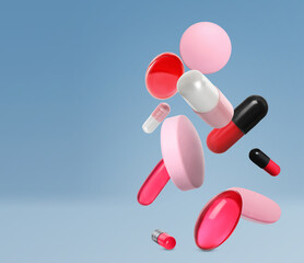 Many different colorful pills falling on light blue background, space for text