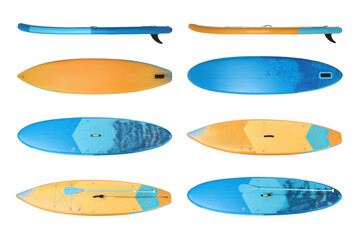 Collage with SUP boards with paddle isolated on white, different sides