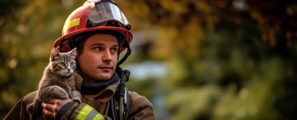 Fototapeta premium Paws of Gratitude: A Portrait of a Firefighter and the Rescued Cat, Expressing Relief and Rescue.
