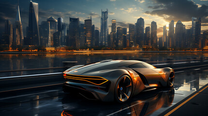 futuristic sport car in the highway with beautiful city landscape
