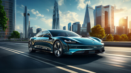 futuristic sport car in the highway with beautiful city landscape