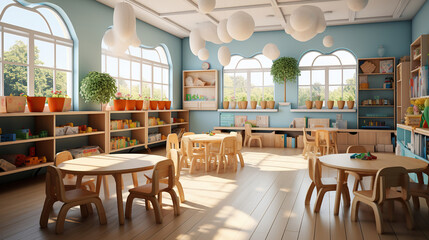 Innovative Learning Spaces. A Glimpse into the Modern Preschool Classroom. Generative AI - obrazy, fototapety, plakaty